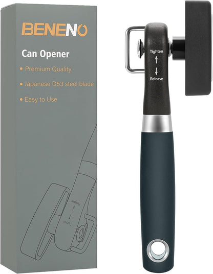 Beneno Can Opener, Manual Side Safe Cut Can Opener Smooth Edge with Durable Sharp Blade, Effort-Saving Knob & Comfortable Non-slip Handle, Brown