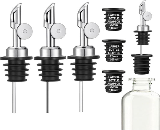 3 Pack Olive Oil Pour Spout with Adapters, Oils Pourer for Olive Oil Dispenser Bottle, Easily Turn Your Bottles into Dispensers for Liquor, Vinegar, Oils, Syrup, Liquor Bottle Pourers, Silver