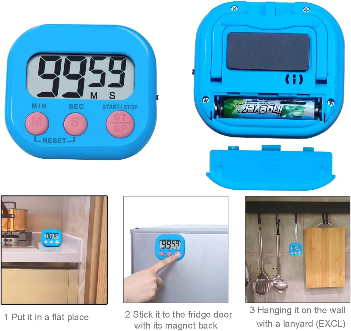 Digital Kitchen Timer, BESTWYA Electronic Timer with Clear LCD Screen Count Up and Down Function 3 Big Buttons On/Off Switch Button for Kitchen, Study, Work, Exercise Training (6, 3 Colors)
