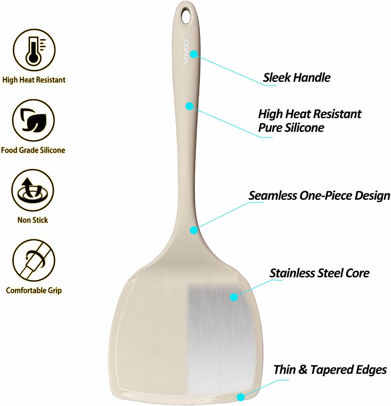 Silicone Pancake Spatula Turner with Lengthened Handle& Seamless Design, Heat Resistant Slotted Flipper for Nonstick Cookware, Large Flexible Kitchen Utensils for Egg, Pancake, Burger, Slotted Black