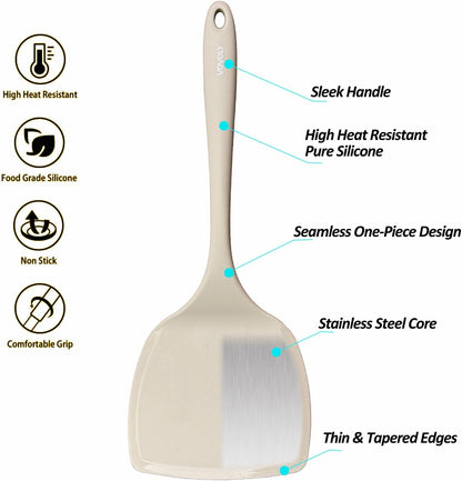 Silicone Pancake Spatula Turner with Lengthened Handle& Seamless Design, Heat Resistant Slotted Flipper for Nonstick Cookware, Large Flexible Kitchen Utensils for Egg, Pancake, Burger, Slotted Black