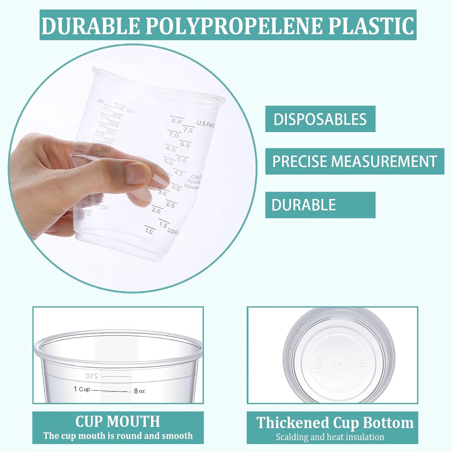 Taeku Measuring Cups Plastic, 8 oz Disposable Clear Epoxy Cups for Resin Reusable Multipurpose Stain Paint Liquid Mixing Cups for Cooking Baking (Pack of 100)