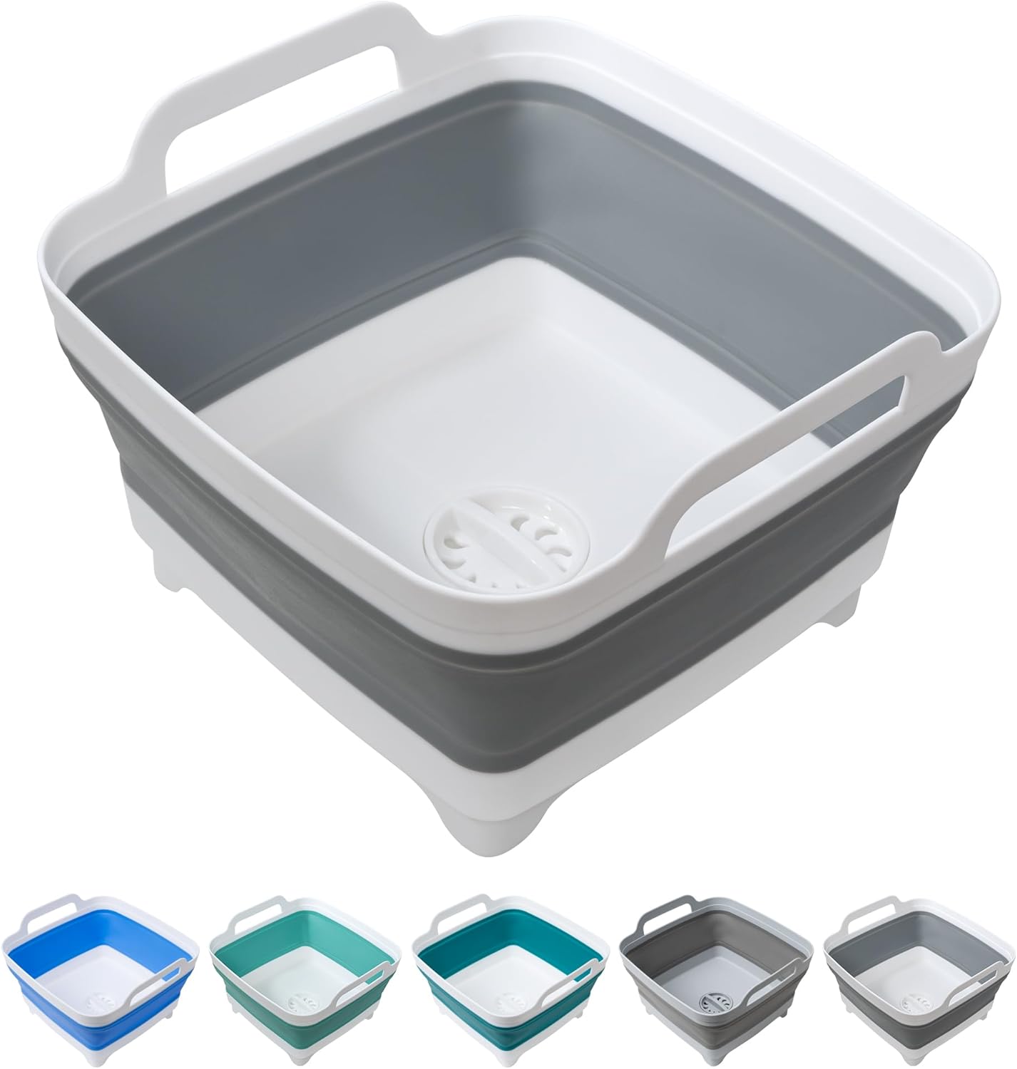 Tiawudi Dishpan for Washing Dishes, 2.4Gal/9L Wash Basin with Draining Plug Carry Handles, Collapsible Bucket for Cleaning, Portable Sink, Foldable Plastic Tub, 1PC