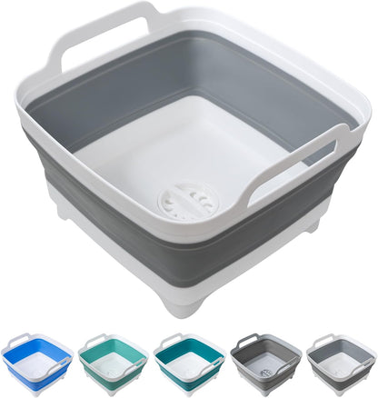 Tiawudi Dishpan for Washing Dishes, 2.4Gal/9L Wash Basin with Draining Plug Carry Handles, Collapsible Bucket for Cleaning, Portable Sink, Foldable Plastic Tub, 1PC