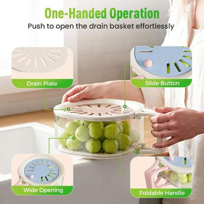 2-in-1 Draining and Preservation Basket,Multifunctional Fruit and Vegetable Washing Bowl with Handle Fruit Strainer Container and Lid for Kitchen Fridge Outdoor Picnic Camping (Brown)