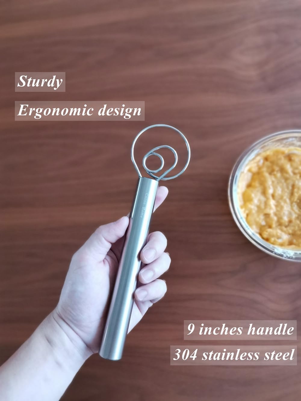 Pack of 2 Danish Dough Whisk, Kitchen Baking Flour Mixing Tool for Sourdough, Bread, Flour Paste, Butter, Pancake, Pizza, Cake, Pastry, Biscuits, Wooden Handle Stainless Steel Ring