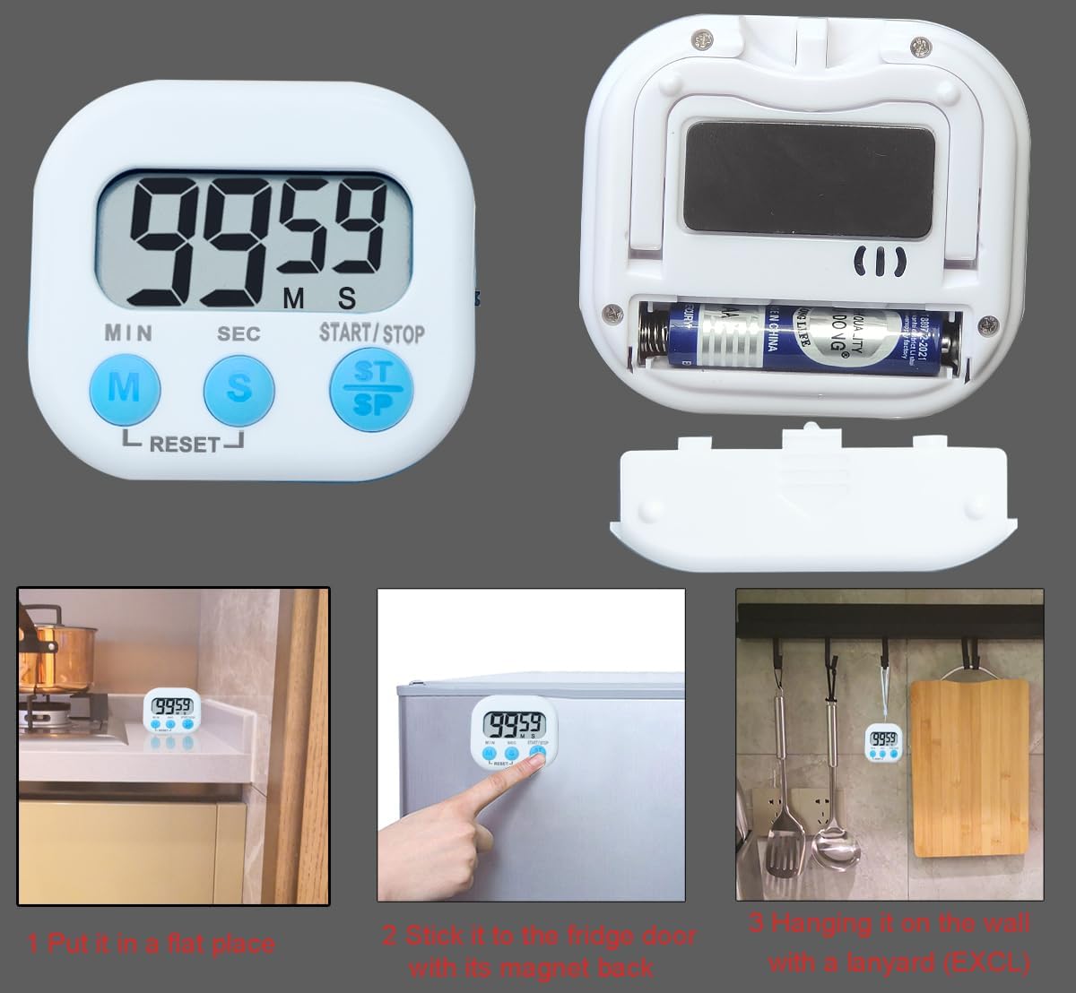 Digital Kitchen Timer, BESTWYA Electronic Timer with Clear LCD Screen Count Up and Down Function 3 Big Buttons On/Off Switch Button for Kitchen, Study, Work, Exercise Training (6, 3 Colors)