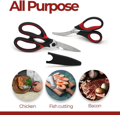 Professional Kitchen Scissors | 2-Pack Ultra Sharp Stainless Steel Kitchen Shears | Multi-Function Kitchen Scissors for Chicken, Fish, Meat, Vegetables, and Herbs (Black / Red)