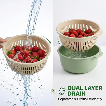 Fruits Vegetables Washing Basket, Double Layer Drain Basket Set for Kitchen Strainer Colander Bowl Cleaning Washing Mixing for Food Fruit Vegetables Pasta Spaghetti（Green）