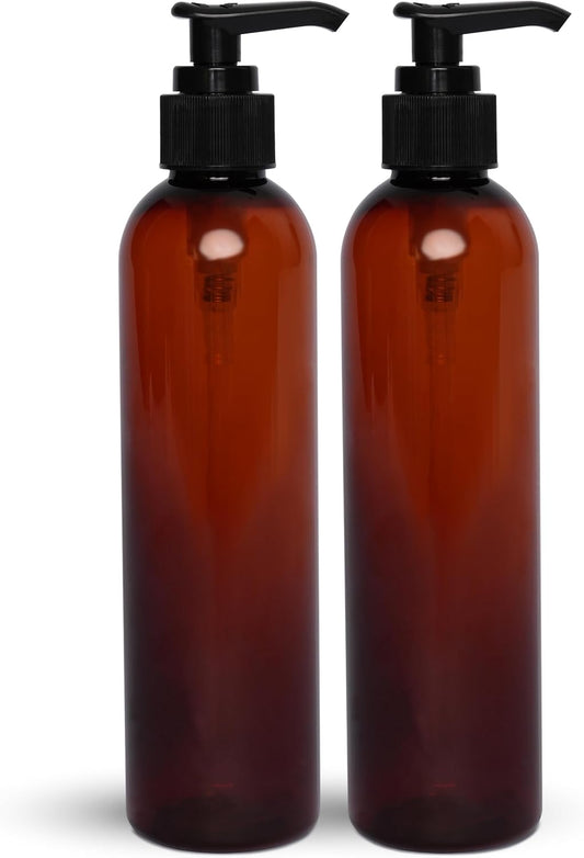 BRIGHTFROM Lotion Pump Bottles, Empty 8 OZ, BPA-Free Refillable Plastic Containers, Amber with Black Dispenser for - Soap, Shampoo, Lotions, Liquid Body Soap, Creams and Massage Oil (2 Pack)