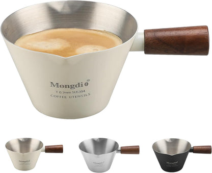 Mongdio Espresso Measuring Cup, Stainless Steel Espresso Shot Cups with Wooden Handle and Double Spouts, 6.8OZ/200ML, White