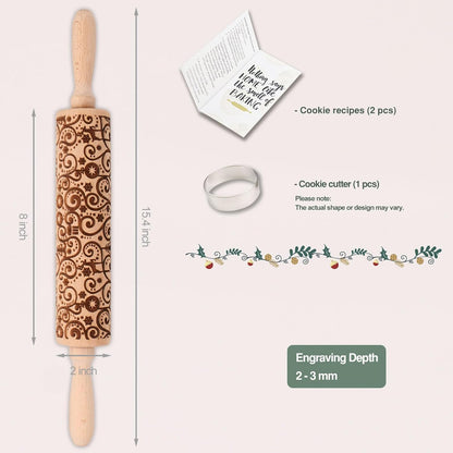 Floral Vine Embossed Rolling Pins for Cookies, Wooden Engraved Rolling Pins for Baking, Embossing Rolling Pins with Designs, Patterned Rolling Pin Decorative Springerle Mold Stamp Clay Pattern Roller