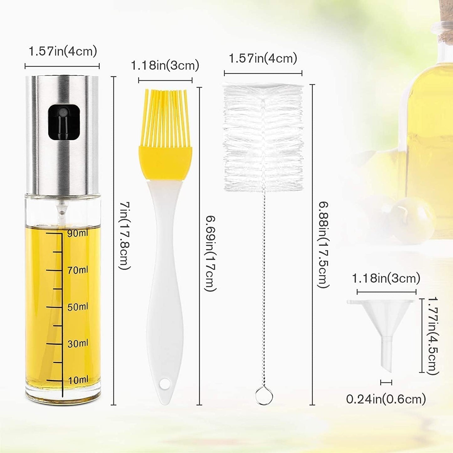 Oil Sprayer for Cooking, 100ml Food-Grade 304 Stainless Steel & BPA-Free Glass, Leakproof Oil Mister with Silicone Basting Brush, Funnel & Cleaning Brush, Suitable for Air Fryer, BBQ, Baking, Salad