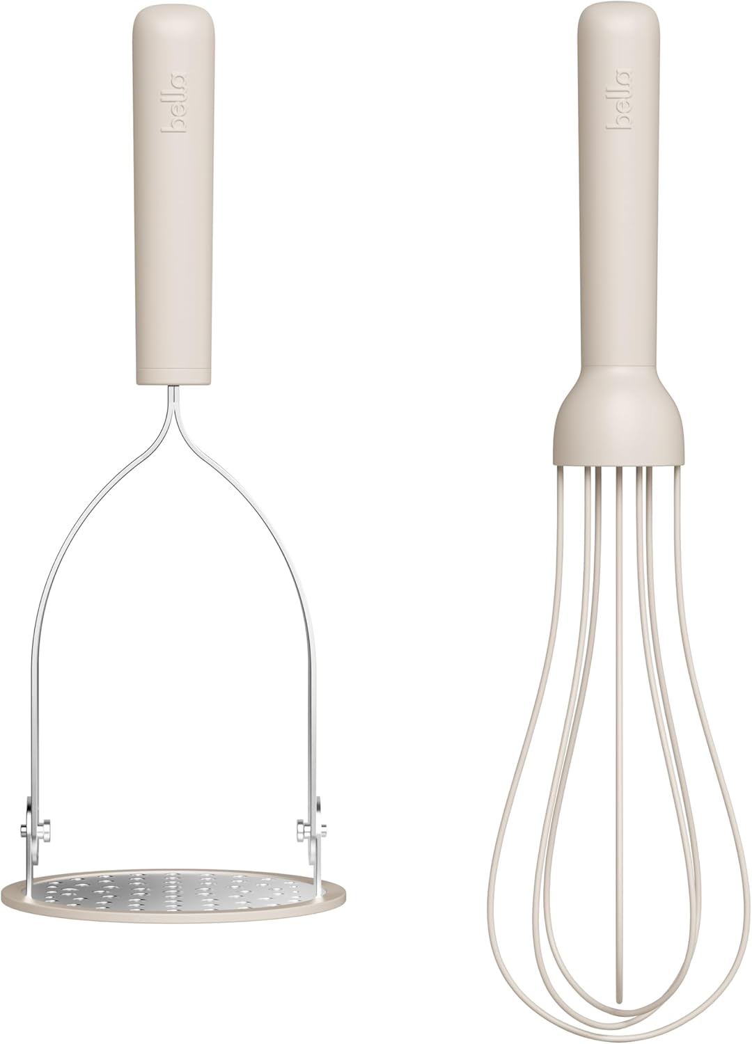 bella 2-Piece Compact Masher and Whisk Set, Fold Flat, Stainless steel and silicone, Foldable Masher, Ballon Whisk, Flat Whisk, Non-stick, Nonslip, Heat safe to 425°F, Oatmilk