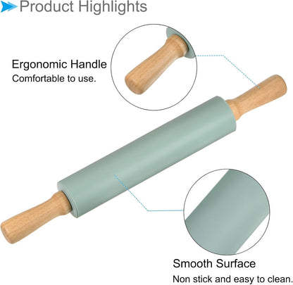 Silicone Rolling Pins, 17" Length, Silicone & Oak Non-Stick Ergonomic Wooden Handle Fondant Dough Roller Pink - (Applications: for Baking DIY Projects)