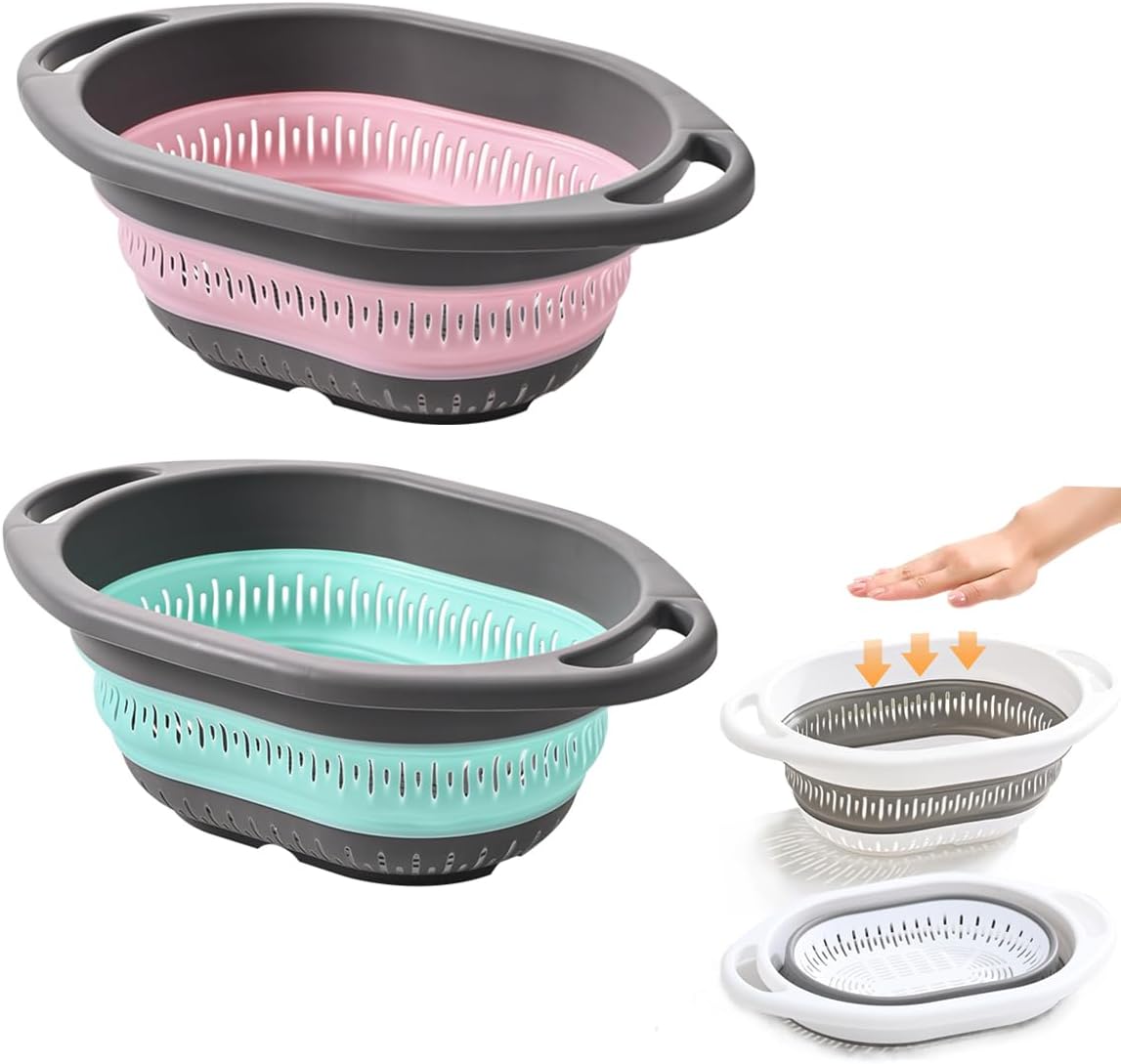 Collapsible Colander and Strainer,Silicone Strainer Colanders & Food Strainers,for Vegetable and Fruit, Kitchen Essentials (2, Blue, 1.3L+2.5L)