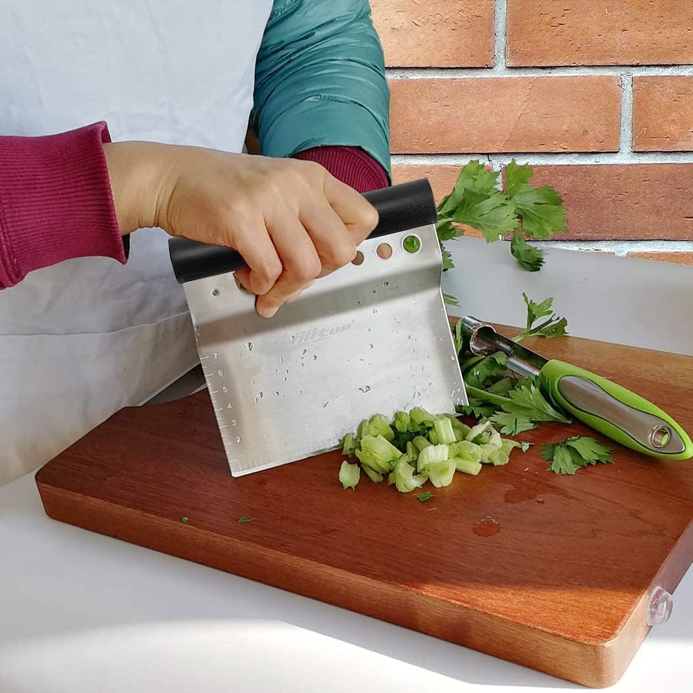 ALLTOP Dough Bench Scraper/Cutter/Chopper Stainless Steel Blade with Herb Stripper,Multipurpose Kitchen Pastry Tool with Scale Ruler - Leaf Remover - 1 Pack