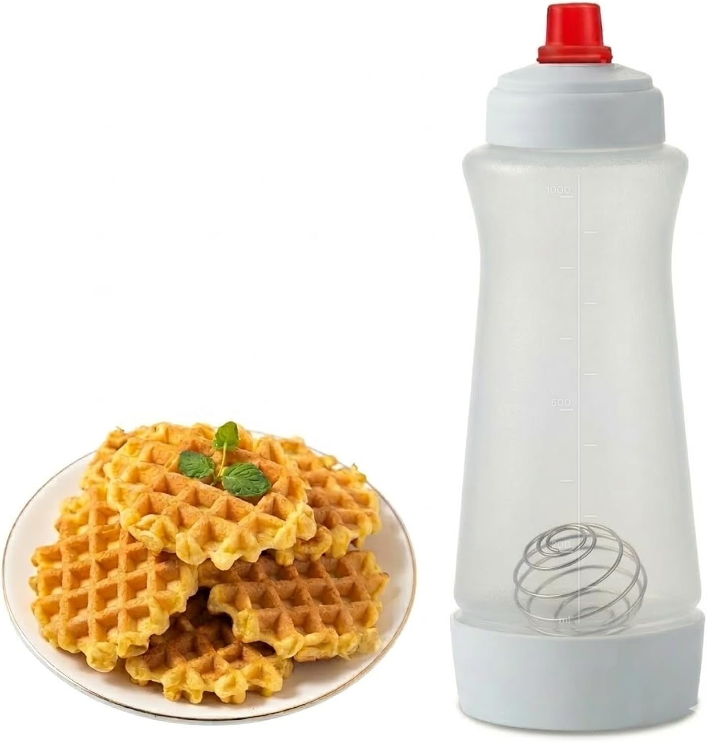 One Pack Pancake Batter Dispenser with BlenderBall and Wire Whisk, 33 Oz Silicone Squeeze Pancake Mix Dispenser, Kitchen Pancake Batter Dispenser Bottle for Waffle Cupcakes Muffins Crepes Qatayef