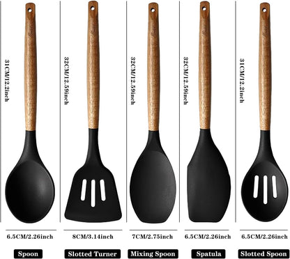 Kitchen Utensils Set, Silicone Cooking Utensils Set,Non-Stick Silicone Spatula Set with Natural Acacia Hard Wood Handle, 5 Piece, Upgraded Thickened Cookware