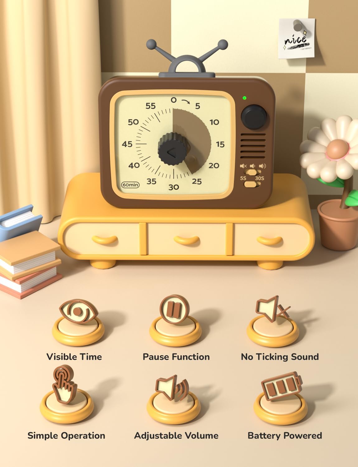 LIORQUE Visual Timer for Kids with Pause Function, 60-Minute Countdown Timers for Classroom Office Kitchen with Silent Operation, Kids Timer for Teaching