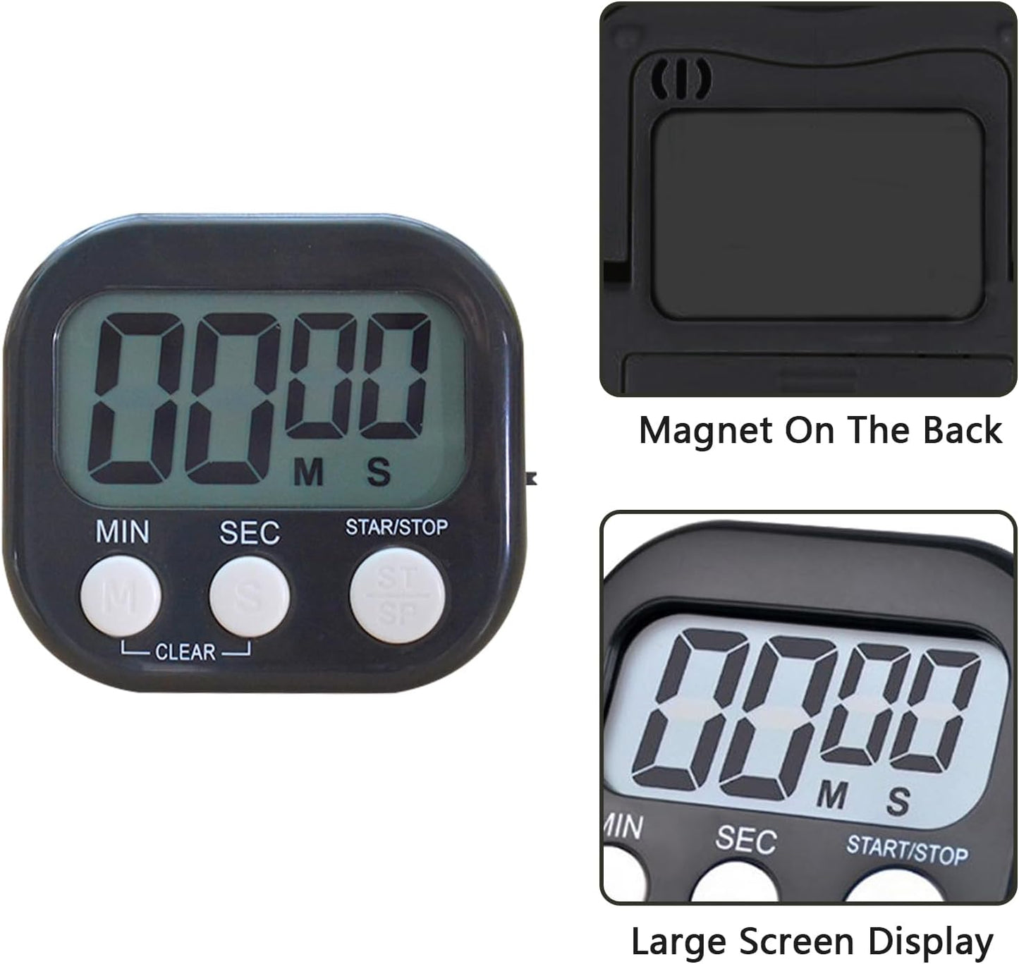 Small Digital Timer for Kitchen Cooking Baking Sports Office Meeting Multi-Function Count Up Countdown Magnetic Backing and ON/Off Switch Desk Electronic Timer (Black)