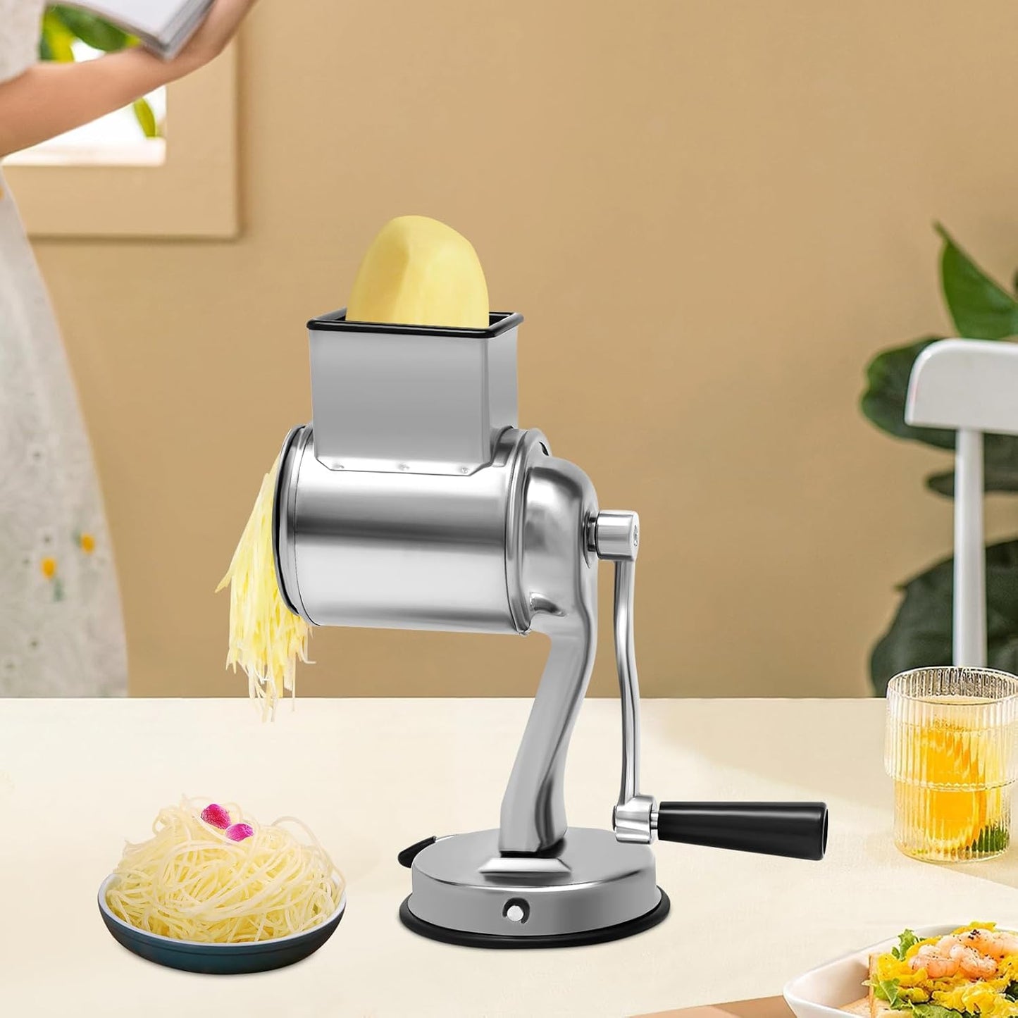 Stainless Steel Rotary Grater - 5-Blade Vegetable & Cheese Shredder with Suction Base, Dishwasher Safe Mandoline Slicer for Potato/Carrot (Commercial Grade)