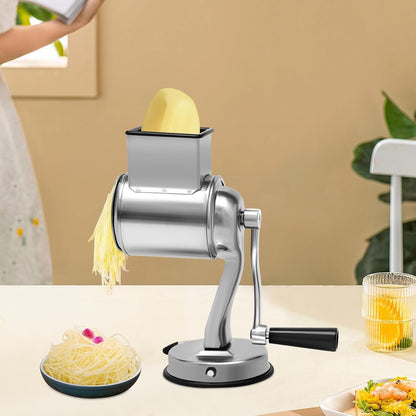 Stainless Steel Rotary Grater - 5-Blade Vegetable & Cheese Shredder with Suction Base, Dishwasher Safe Mandoline Slicer for Potato/Carrot (Commercial Grade)