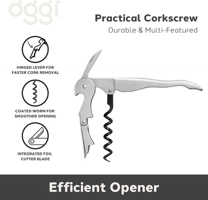 OGGI Wine Opener, Wing Corkscrew, Metal Manual Wine Bottle Opener, Multifunctional Cork Screw for Home & Waiters with Beer Bottle Opener, Durable Design