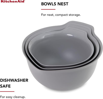 KitchenAid Universal Nesting Plastic Mixing Bowls, Set Of 3, 2.5 quart, 3.5 quart, 4.5 quart, Non Slip Base with Easy Pour Spout to Reduce Mess, Dishwasher Safe, Aqua Sky, White, Gray