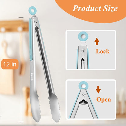 Tongs for Cooking, 9-Inch Stainless Steel Kitchen Tongs, Locking Metal Food Tongs with Silicone Non-Slip Grip, Kitchen Utensils for Food, Salad and Outdoor BBQ (Set of 4)