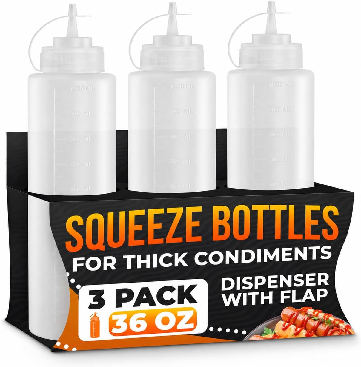 Set of 3 Inverted Condiment Squeeze Bottles 16 oz – Upgraded Design with Added Sealing Gaskets, Self-Closing Valve, Easy-to-Fill Clear Bottles for Sauces, Dressings, Ketchup, Mustard for Everyday Use