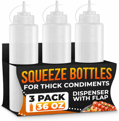 Set of 3 Inverted Condiment Squeeze Bottles 16 oz – Upgraded Design with Added Sealing Gaskets, Self-Closing Valve, Easy-to-Fill Clear Bottles for Sauces, Dressings, Ketchup, Mustard for Everyday Use