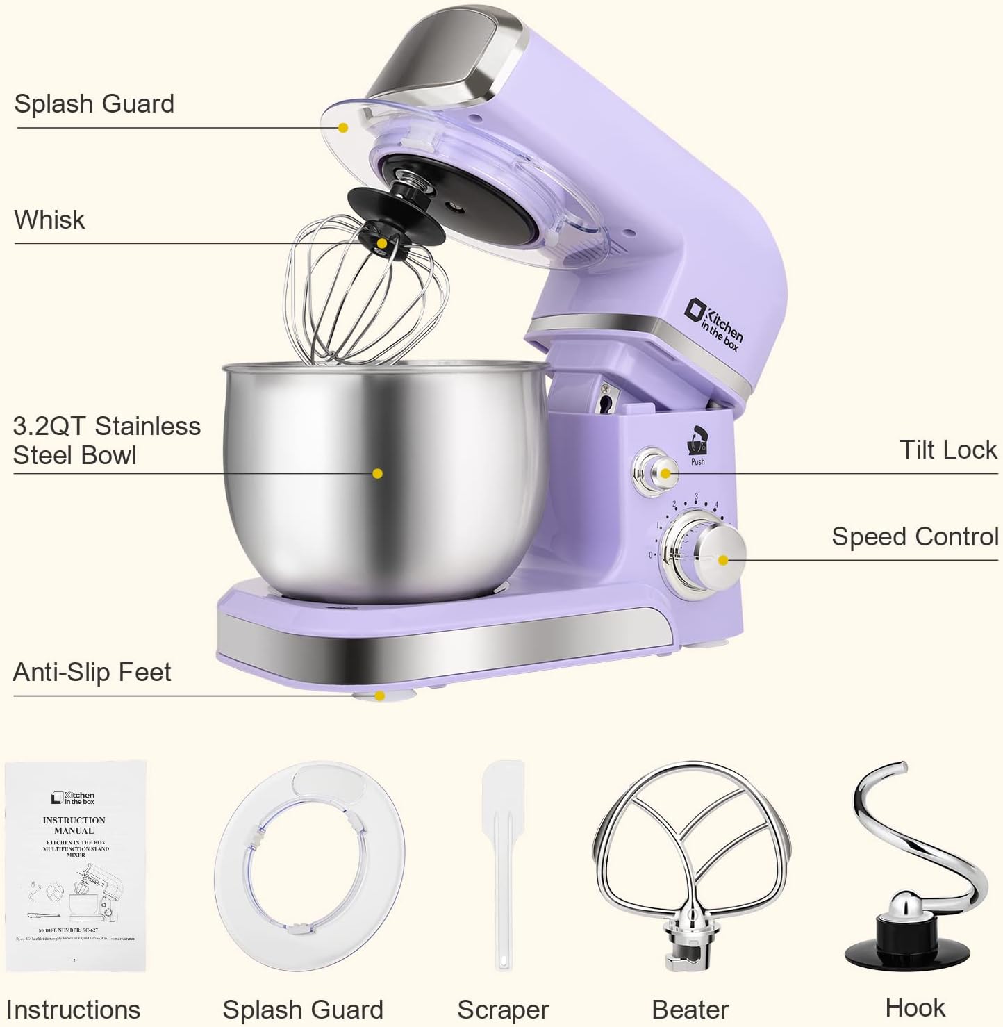 Kitchen in the box Stand Mixer,3.2Qt Small Electric Food Mixer,6 Speeds Portable Lightweight Kitchen Mixer for Daily Use with Egg Whisk,Dough Hook,Flat Beater (Black)