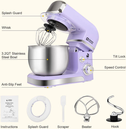 Kitchen in the box Stand Mixer,3.2Qt Small Electric Food Mixer,6 Speeds Portable Lightweight Kitchen Mixer for Daily Use with Egg Whisk,Dough Hook,Flat Beater (Black)