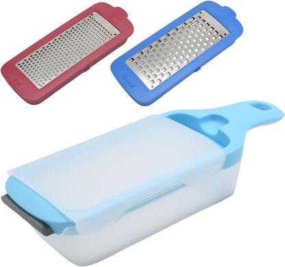 Hoypeyfiy Interchangeable Grater with Storage Box, Cheese Grater Kit Includes Coarse & Fine Stainless Steel Blades for Kitchen, Non-Slip Base for Stability