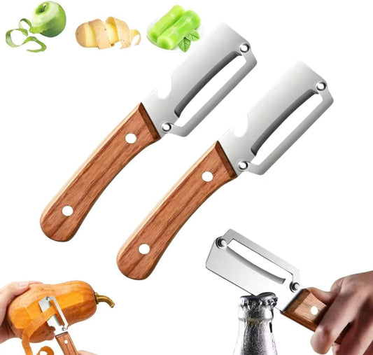 2 Pack Premium 2-in-1 Multi Functional Vegetable and Fruit Peeler with Bottle Opener, Wooden Handle, Stainless Steel Blade-Zero Snag, Smooth Glide Kitchen Tool for Potato, Carrot,Sugar Cane and More