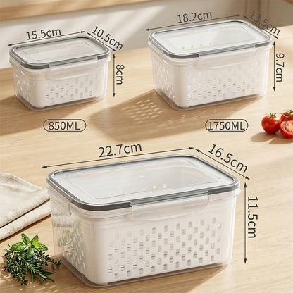 4 In 1 Food Storage Container, Fruit Storage Containers for Fridge, Produce Saver Containers, Refrigerator Fruit Washing Bowl With Strainer for Fridge Keep Fresh (Grey, 2-Piece M)