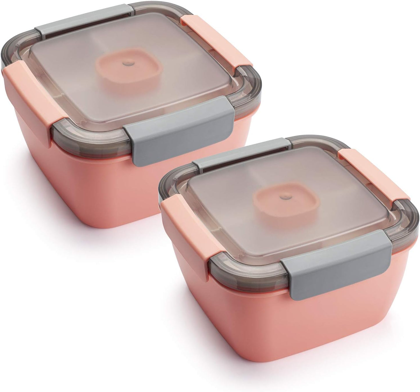 Freshmage Salad Lunch Containers To Go, 2 Pack 52-oz Bowls with 3 Compartments, Dressing Containers for Toppings, Snacks - Pink & Green