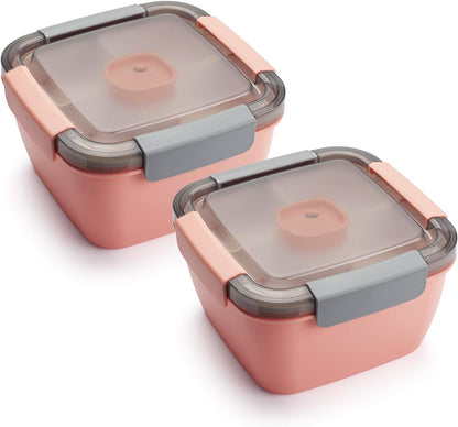 Freshmage Salad Lunch Containers To Go, 2 Pack 52-oz Bowls with 3 Compartments, Dressing Containers for Toppings, Snacks - Pink & Green