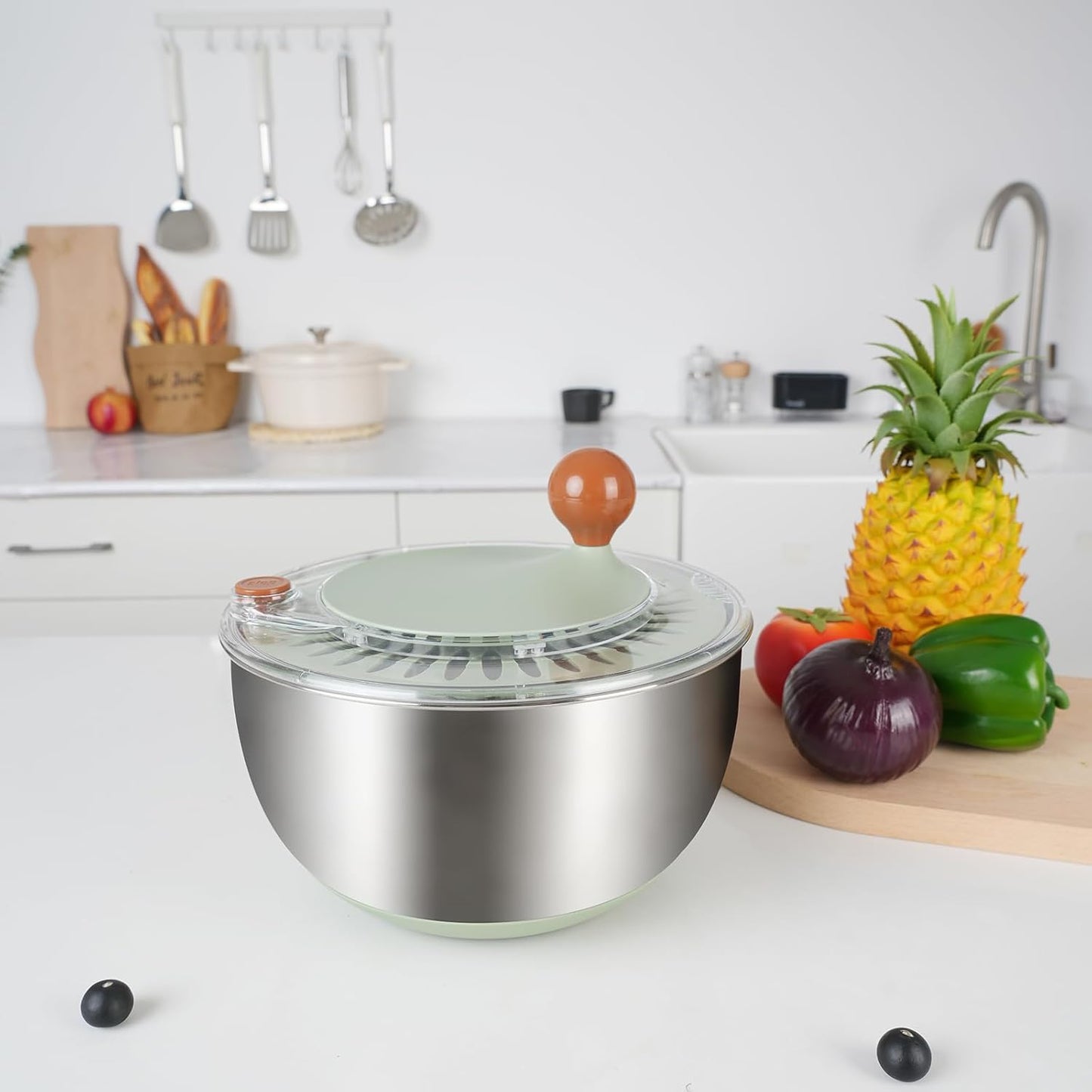 Premium 304 Stainless Steel Salad Spinner, Large 5.3 Qt Capacity, Easy to Use Lettuce Spinner, Fruit and Vegetable Washer and Dryer Spinner, Green