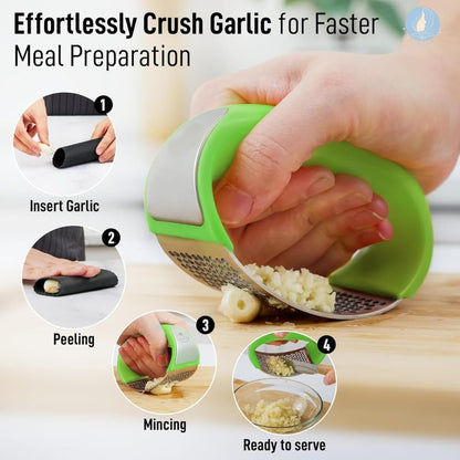 Angel's Peel Lounge Stainless Steel Garlic Press Rocker Set with Silicone Garlic Peeler & Cleaning Brush – Garlic Chopper, Mincer, Grater, Crusher – Easy for Crushed Cloves – Rust-Resistant, Black