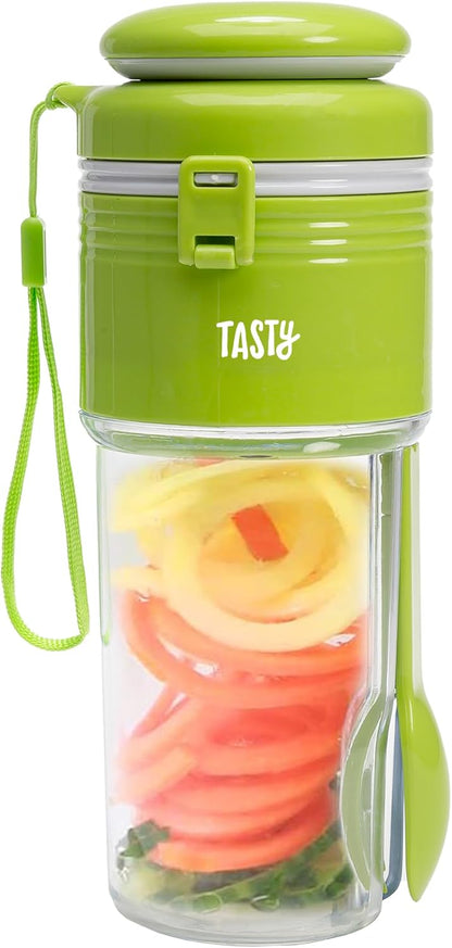 Tasty 2-in-1 Vegetable Spiralizer and Salad Container, Travel Fork Included, Dishwasher Safe, Multiple Compartments, Green