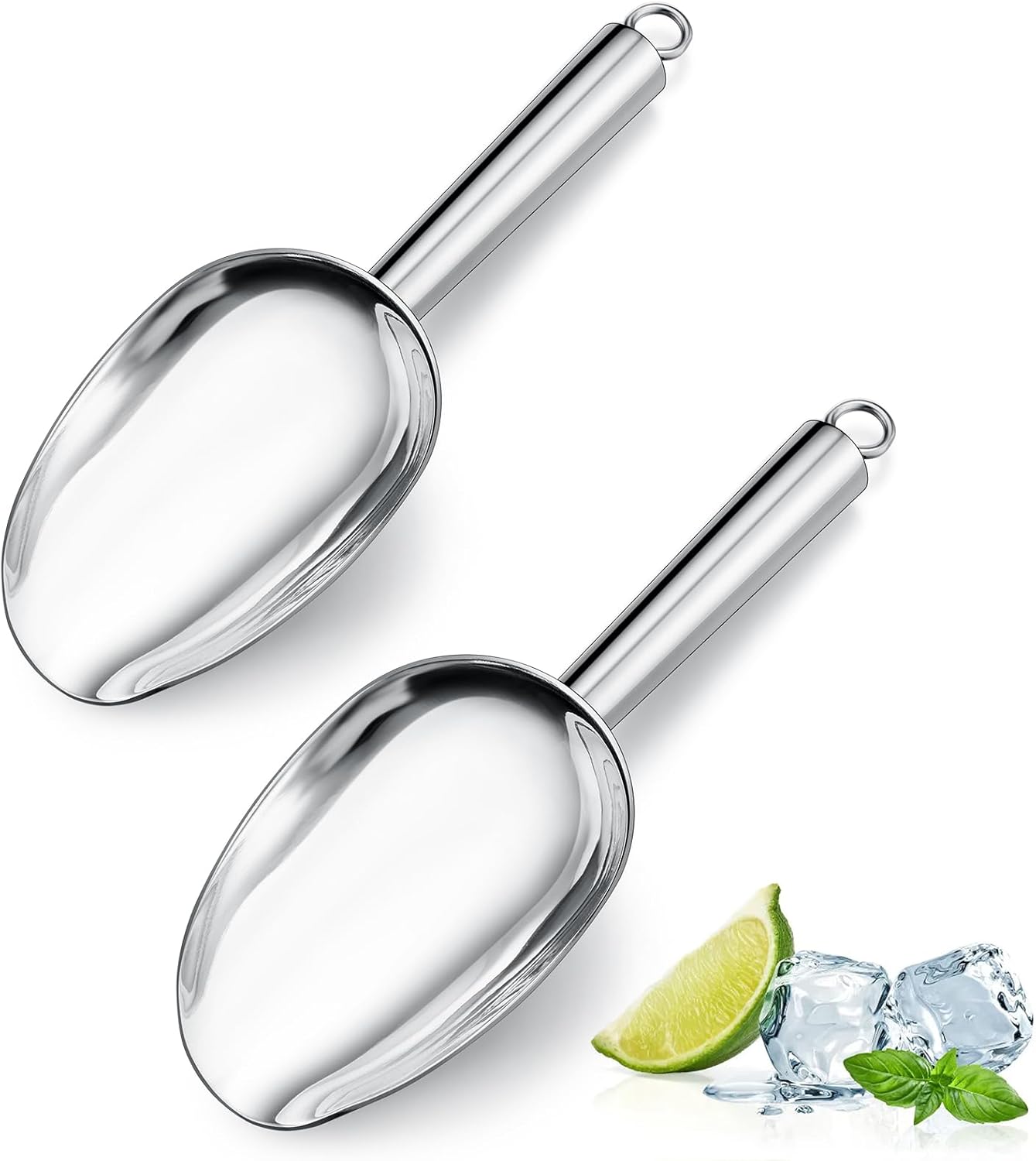 6 Oz Ice Scoop Set of 2, Leonyo Small Ice Cube Scoop for Freezer Bin, Stainless Steel Food Scoopers Spoon for Dry Goods, Flour, Pet, Kitchen Containers – Silver