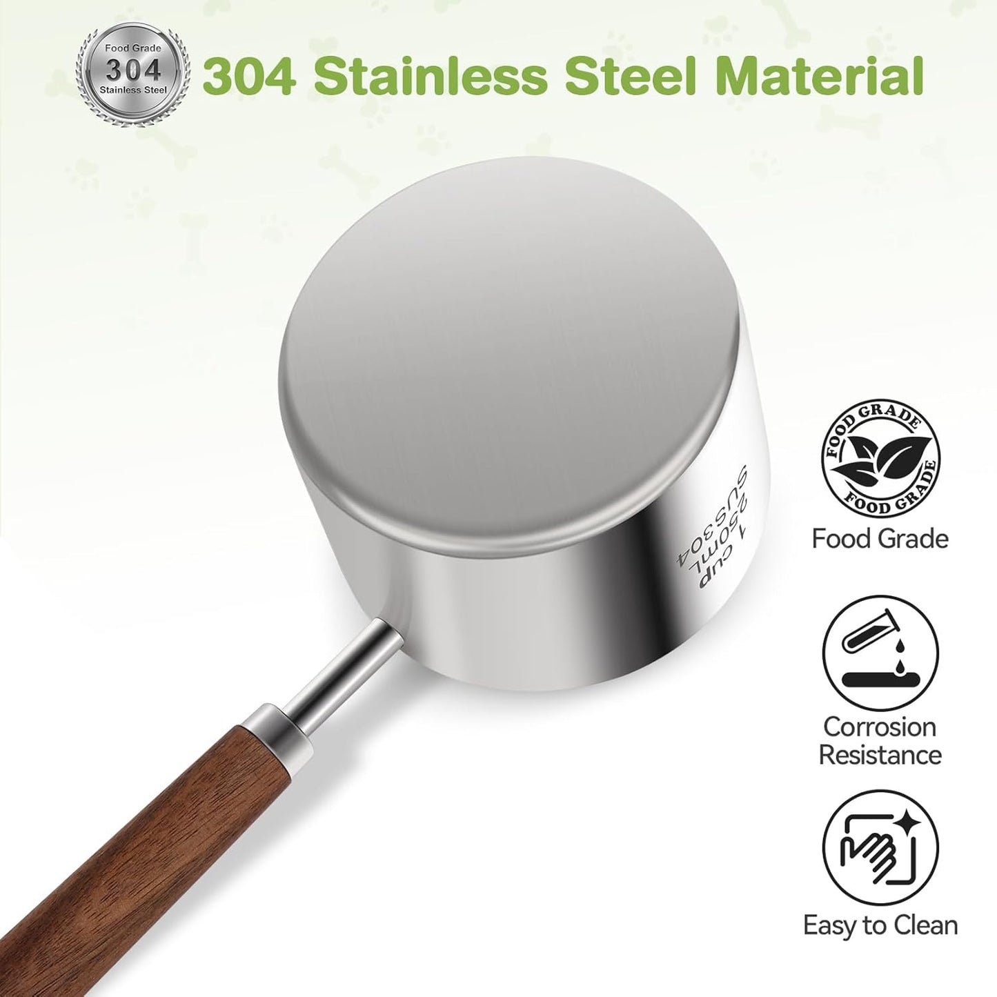 Food Scoop Measuring Cup - 1/4 Cup (4 Tablespoon | 2 Oz. | 60 mL),304 stainless steels,Black walnut long handle