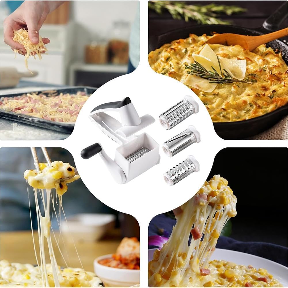 Classic Rotary Cheese Grater with Handle, 3-in-1 Handheld Cheese Grater with 3 Stainless Steel Graters Barrels, Multifunctional Grater for Cheese Garlic Parmesan Ginger Vegetable Carrot Potato, White