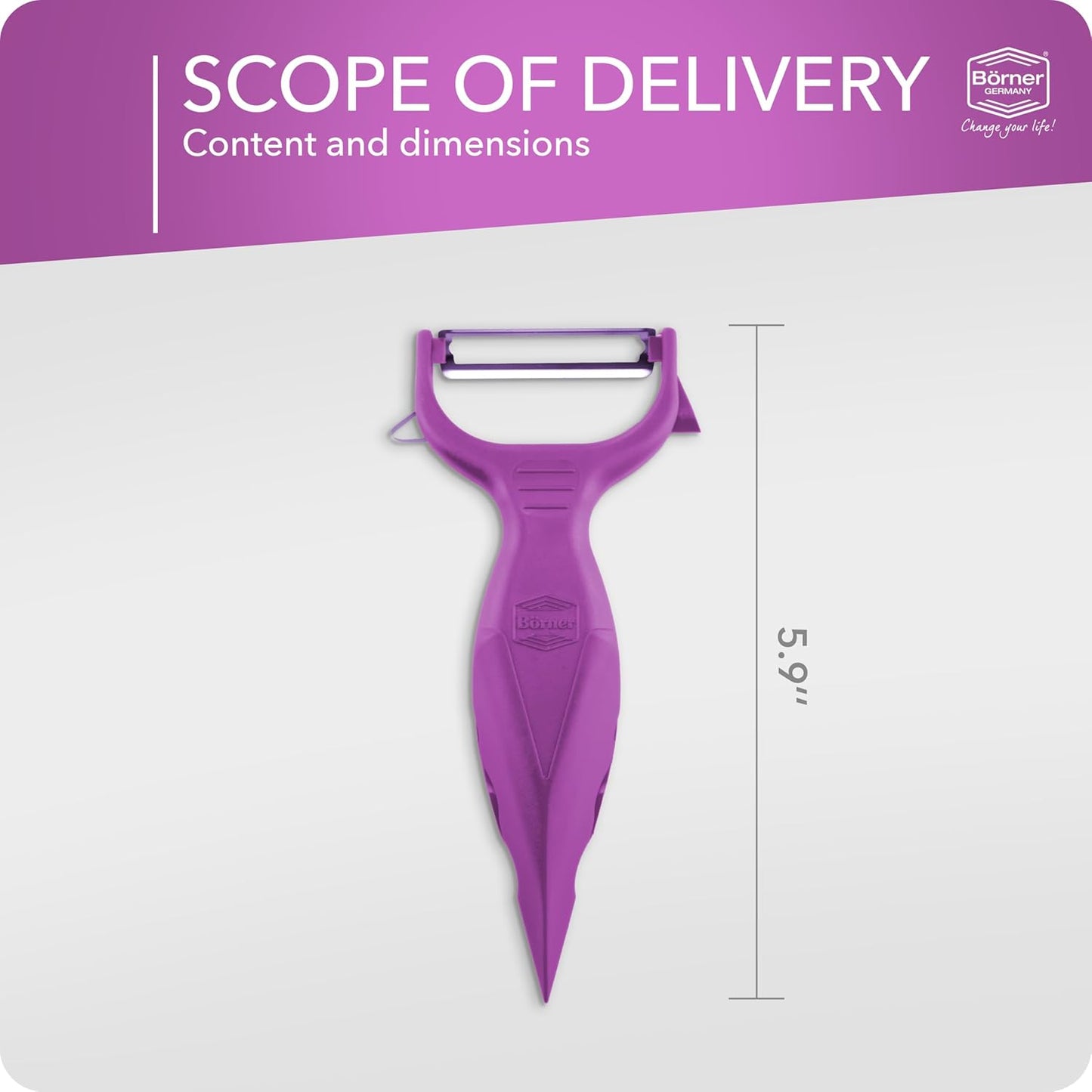Börner Vegetable Peeler (6-in-1) • Garnishing Peeler with Grater • Multifunctional Peeler for Fruits & Vegetables • Fruit Peeler, Universal Peeler, Potato Peeler • Color: Purple