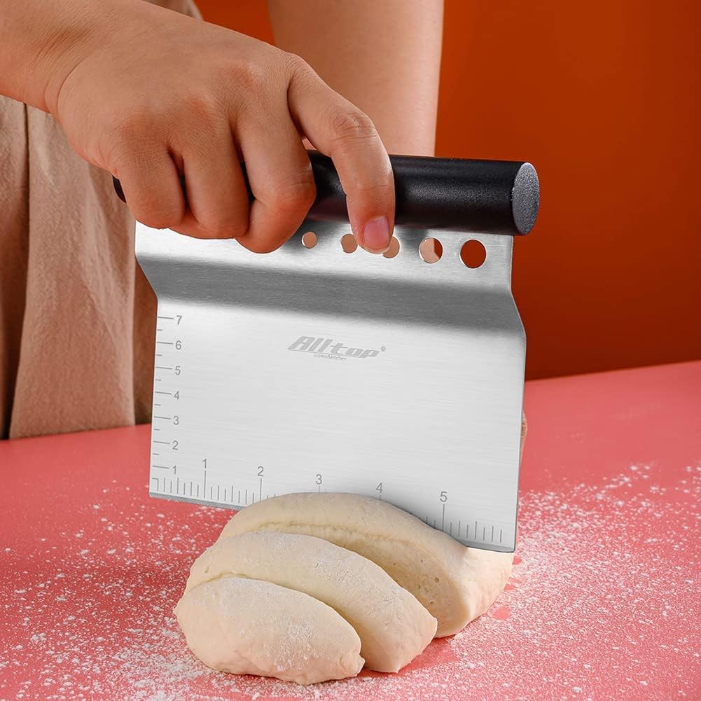 ALLTOP Dough Bench Scraper/Cutter/Chopper Stainless Steel Blade with Herb Stripper,Multipurpose Kitchen Pastry Tool with Scale Ruler - Leaf Remover - 1 Pack