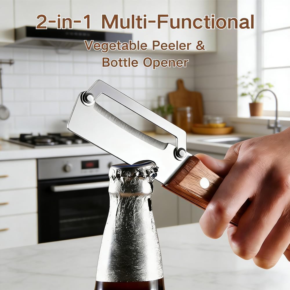 2PCS Multi Functional Premium Vegetable Peeler with Wooden Handle and Bottle Opener,Stainless Steel Blade Kitchen Tool for Fruit Apple Potato Pumpkin Papaya Carrot