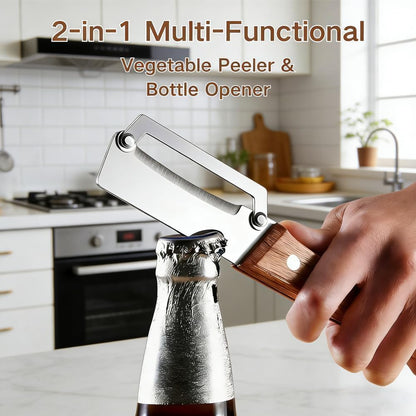 2PCS Multi Functional Premium Vegetable Peeler with Wooden Handle and Bottle Opener,Stainless Steel Blade Kitchen Tool for Fruit Apple Potato Pumpkin Papaya Carrot