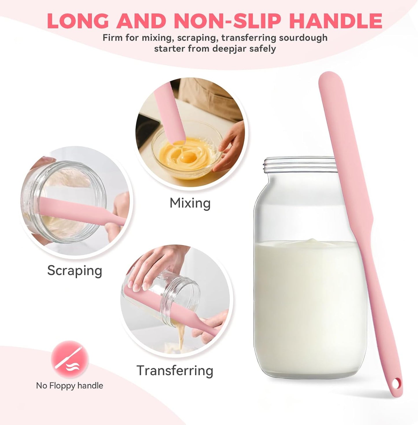 Silicone Jar Spatula Set of 3, Long Handle Skinny Spatula and Spurtle for Sourdough Starter, Flexible Jar Scraper for Peanut Butter, Jam, Icing, Cream with No Batter Left Behind (3)